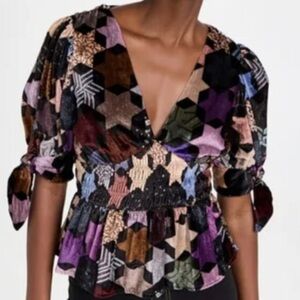 Sea New York Estella Velvet Smocked V Neck Blouse Stars Purple Dark Small